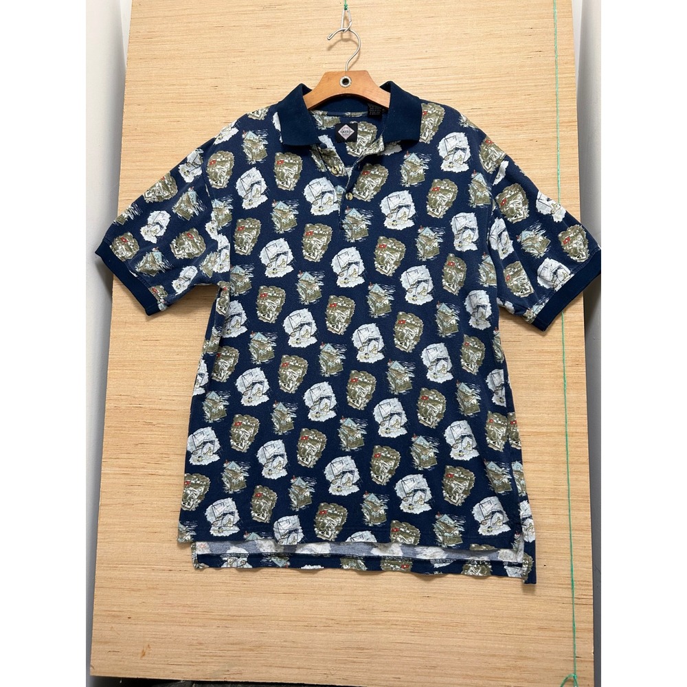 Tabasco Sportswear Graphic Polo Shirt Navy Blue All Over Print Size L‎
